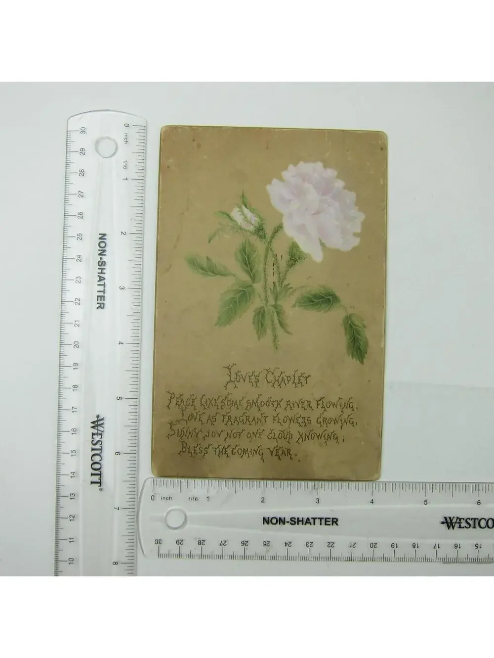 Victorian Greeting Card Peony Flowers Loves Chaplet Poem Bless the Year Antique